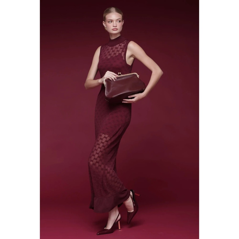 Avec Les Filles Dress Womens XS Sheer Textured Knit Maxi Wedding Gala Formal Red
